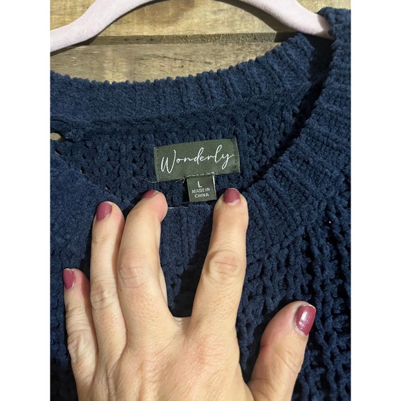 Wonderly Navy Blue Cable Knit Open Weave Sweater Women's Size L - Picture 5 of 5